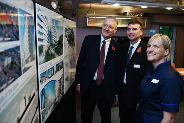 Leeds Central MP Hilary Benn visits the public drop-in session for Hospitals of the Future development at the Electric Press in Millennium Square in November 2018. He is pictured with clinical director Michael Richards and head of nursing Anne Stanton.