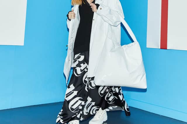 By Perfect at perfectatelier.co.uk, picture by Joe Murphy at The Civic in Barnsley, featuring art by Jasper Pedyo. White nylonparka, £395; print square skirt, £395; weekend bag, £295; V-neck sweater, £195.
