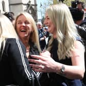 Former post office worker Janet Skinner (centre), with her niece Hayley Adams (right) and her daughter Toni Sisson, celebrating outside the Royal Courts of Justice, London, after having her conviction overturned by the Court of Appeal. Thirty-nine former subpostmasters who were convicted of theft, fraud and false accounting because of the Post Office's defective Horizon accounting system have had their names cleared by the Court of Appeal.