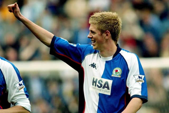 Early days: Jon Stead, having moved from home-town club Huddersfield Town, celebrates scoring the winner for Blackburn Rovers against Manchester United to help them stay in the Premiership in May, 2004.