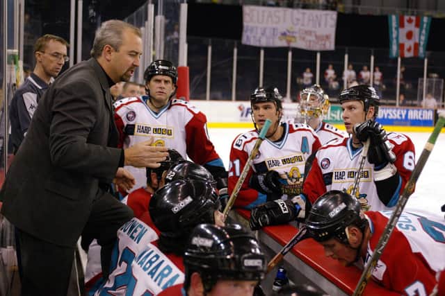 WINNER: Dave Whistle instructs his Belfast Giants players at the Odyssey Arena in November 2002. Picture: Michael Cooper/Getty Images.