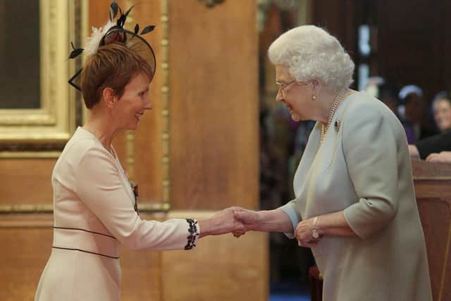 Britain's first astronaut Helen Sharman is made a Companion of the Order of St Michael and St George by the Queen during an Investiture ceremony at Windsor Castle in 2018
