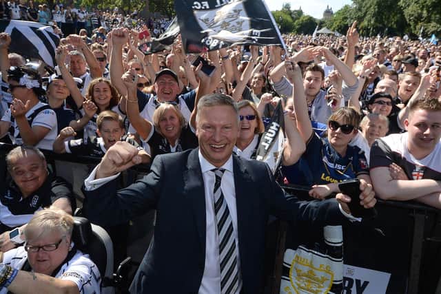 Date: 29th August 2016. Picture James Hardisty.Homecoming party for Hull FC after winning the Challenge Cup following thier victory over Warrington Wolves 12-10 at Wembley Stadium, London. Pictured Hull FC Chairman Adam Pearson, celebrating their homecoming infront of 20,000 fans.