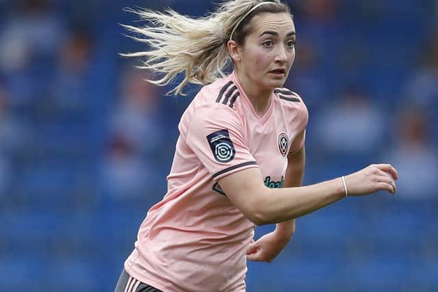 Maddy Cusack of Sheffield United Women during the The FA Women's Championship match at the Technique Stadium, Chesterfield. Picture date: 18th October 2020. Picture credit should read: Darren Staples/Sportimage