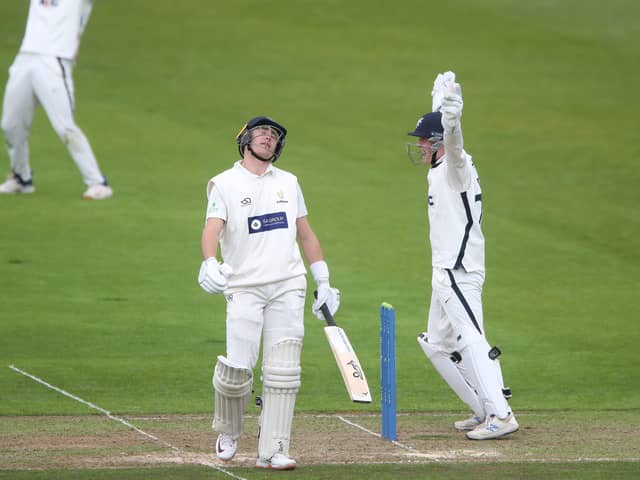Glamorgan batsman Marnus Labuschagne shows his dejection after he was out LBW to Yorkshire's Ben Coad as Yorkshire wicketkeeper Harry Duke celebrates. Picture: Nick Potts/PA