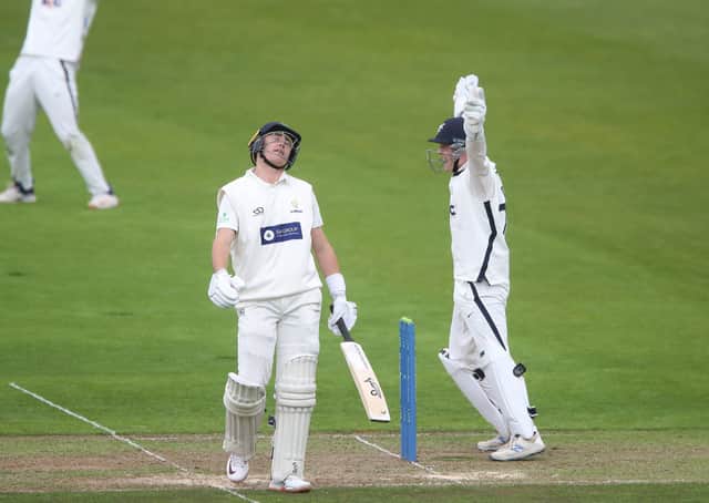 Glamorgan batsman Marnus Labuschagne shows his dejection after he was out LBW to Yorkshire's Ben Coad as Yorkshire wicketkeeper Harry Duke celebrates. Picture: Nick Potts/PA