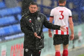 Sheffield United interim manager Paul Heckingbottom pictured in the incessant rain at Goodison Park.