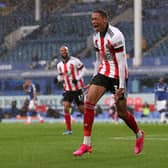 Daniel Jebbison of Sheffield United celebrates after scoring their side's winner against Everton at Goodison Park.  (Photo by Alex Pantling/Getty Images)