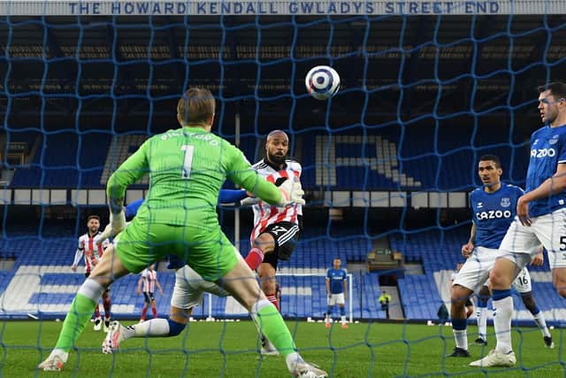 David McGoldrick of Sheffield United shoots at goal.  (Photo by Gareth Copley/Getty Images)