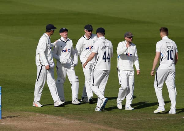 Out: Yorkshire celebrate a Glamorgan wicket from Harry Duke's catch. Picture: John Heald