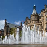 View of the fountain in Sheffield's Peace Gardens with the neo-Gothic building of Sheffield Town Hall on the background. Pic: Serg Zastavkin - stock.adobe.com