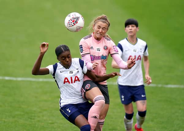 Tottenham Hotspur's Jessica Naz (left) and Sheffield United's Chloe Dixon battle for the ball. Pictures: Adam Davy/PA