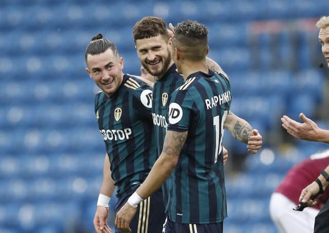 Take a break: The season is over for Mateusz Klich, centre, seen celebrating  scoring the first goal at Turf Moor. Picture: Darren Staples/ Sportimage