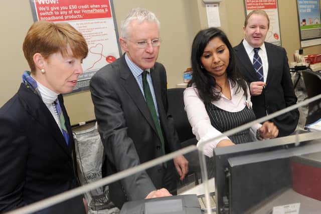 Pictured in March 2012, Paula Vennells, then CEO of the Post Office, (left), with Norman Lamb, Postal Affairs Minister (second left) and George Thomson, General Secretary of the National Federation of Subpostmasters, meeting employee Nina Scubascan during a visit to Farringdon Road Post Office, London. Picture: Anthony Devlin/PA Wire