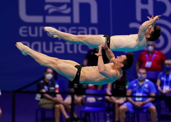 Thomas Daley of Great Britain and Matthew Lee of Great Britain compete in the Men's Synchronised 10M Platform Final during the LEN European Aquatics Championships Diving at Duna Arena on May 15, 2021 in Budapest (Picture: Andre Weening/BSR Agency/Getty Images)