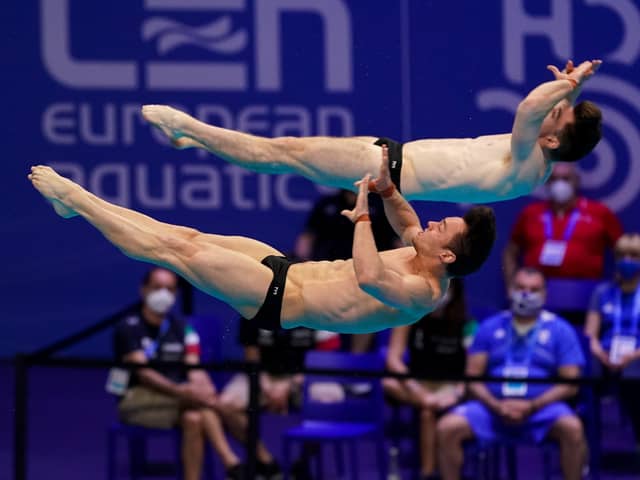 Thomas Daley of Great Britain and Matthew Lee of Great Britain compete in the Men's Synchronised 10M Platform Final during the LEN European Aquatics Championships Diving at Duna Arena on May 15, 2021 in Budapest (Picture: Andre Weening/BSR Agency/Getty Images)