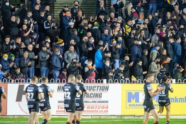 At the end of an historic game, Castleford Tigers salute their  fans after more than a year apart. (ALLAN MCKENZIE/SWPIX)