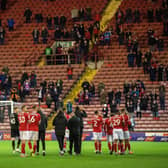 Barnsley applaud the fans after last night's 1-0 defeat to Swansea City in the first leg of the Championship play-off semi-final Oakwell. Picture: Bruce Rollinson
