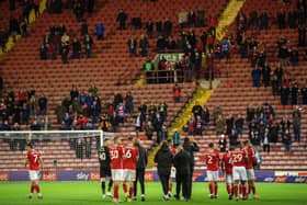 Barnsley applaud the fans after last night's 1-0 defeat to Swansea City in the first leg of the Championship play-off semi-final Oakwell. Picture: Bruce Rollinson