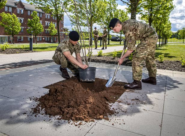 Jack Lyles and  Michael Oates plant magnolia trees with Chris Griffith and Matthew Gordon on Sir Tom Moore Walk  at Harrogate’s Army Foundation College (AFC) Picture Tony Johnson