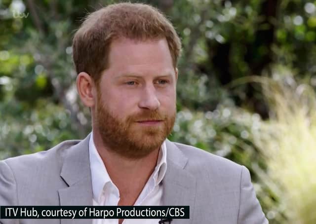 Screen grab photo supplied by ITV Hub courtesy of Harpo Productions/CBS showing the Duke of Sussex during his interview with Oprah Winfrey which was broadcast in the US on March 7 and in the UK on March 8.