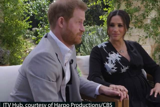 Screen grab photo supplied by ITV Hub courtesy of Harpo Productions/CBS showing the Duke and Duchess of Sussex during their interview with Oprah Winfrey which was broadcast in the US on March 7 and in the UK on March 8