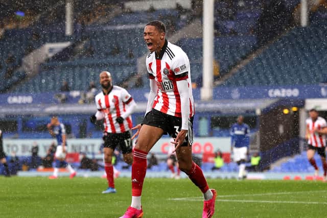Daniel Jebbison of Sheffield United celebrates  scoring their side's first goal during the Premier League match between Everton and Sheffield United at Goodison Park. (Picture: Alex Pantling/Getty Images)