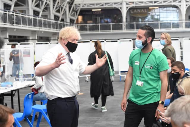 Prime Minister Boris Johnson visiting a Vaccination Centre at the Business Design Centre in Islington, following the further easing of lockdown restrictions  in England on Momday..