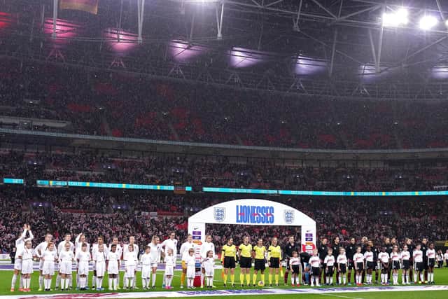 England and Germany lineup ahead of the Women's International Friendly match at Wembley Stadium, London, in November 2019 (PIcture: PA)