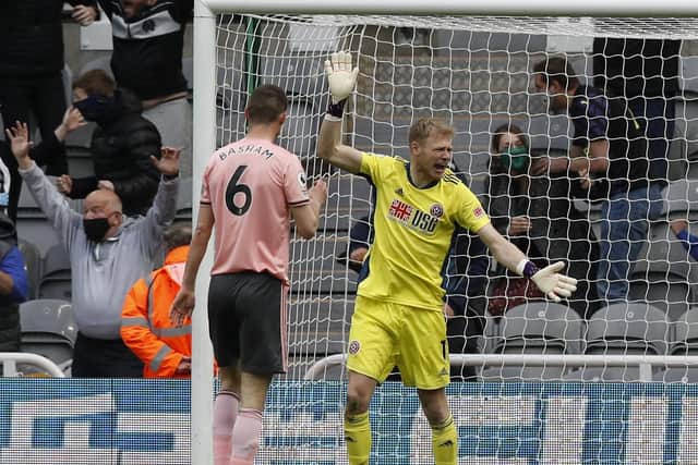 Aaron Ramsdale of Sheffield Utd shows his frustration for the goal after producing two world class saves minutes before (Picture: Darren Staples/SportImage)