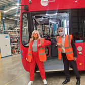 Tracy Brabin (Ieft) visited Switch Mobility in Sherburn-in-Elmet along with Sadiq Khan (right) to inspect the 30 electric buses being readied for delivery.