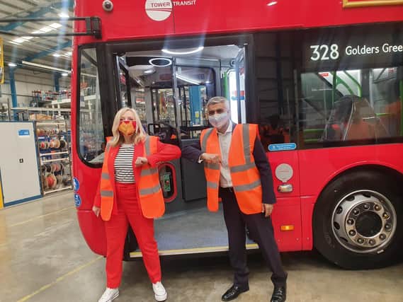 Tracy Brabin (Ieft) visited Switch Mobility in Sherburn-in-Elmet along with Sadiq Khan (right) to inspect the 30 electric buses being readied for delivery.