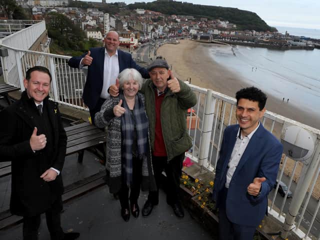 National Holidays’ first customers arriving in Scarborough are greeted by the company’s chief executive officer, Andy Freeth, and the Shadow Minister for Tourism and Heritage, Alex Sobel, following the start of group coach tours. Picture are (left to right) are James Mason, the chief executive of Welcome to Yorkshire, Andy Freeth, the chief executive officer of National Holidays, Maureen Earnshaw and Danny Henry from Huddersfield, and Alex Sobel, the Shadow Minister for Tourism and Heritage. (Picture: Gerard Binks)