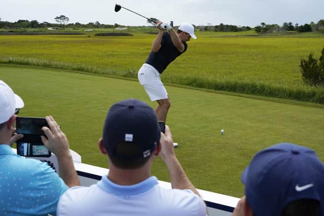 Jordan Spieth tees off on the fourth hole during a practice round at the PGA Championship golf tournament. (AP Photo/Matt York)