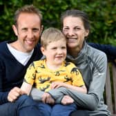 Joshua Collins who was diagnosed with Acute Lymphoblastic Leukaemia jst days after his granddad died of cancer, pictured with his mum Harriet and dad Ben at there home at Sheffield..Picture by Simon Hulme
