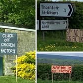Signs protesting against the planned egg farm have been placed around the area