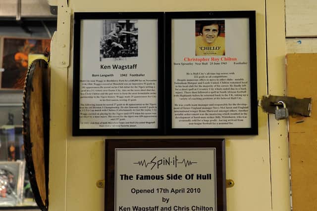 Plaques honouring legendary Hull City strikers Chris Chilton (right) and Ken Wagstaff (left).