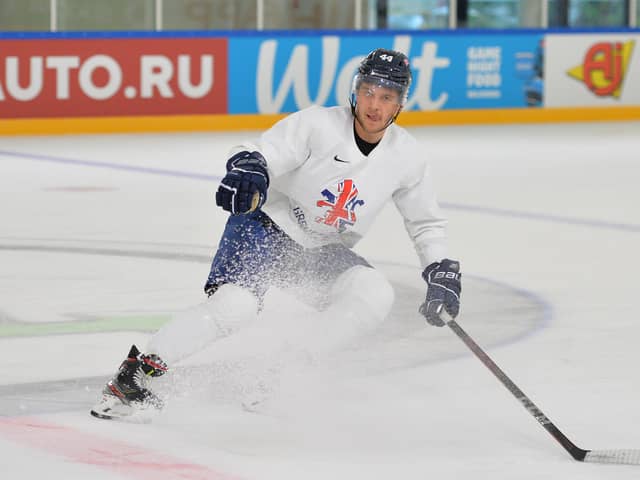 STOP RIGHT THERE: Sheffield Steelers and GB defenceman Sam Jones in practice in Riga earlier this week. Picture courtesy of Dean Woolley