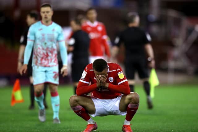 Disappointed: Barnsley's Carlton Morris at the end of the first leg.