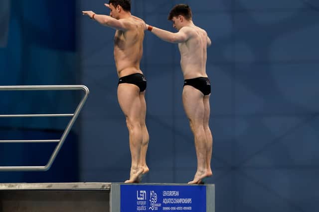 Thomas Daley and Matthew Lee of Great Britain competing in the Mens Synchronised 10M Platform Final during the LEN European Aquatics Championships Diving at Duna Arena on May 15, 2021 in Budapest, Hungary (Picture: Andre Weening/BSR Agency/Getty Images)