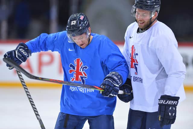 READY FOR ACTION: Brendan Connolly, left, shares a joke with GB and former Steelers' team-mate, Ben O'Connor, during Thursday's practice session in Riga. Picture: Dean Woolley.