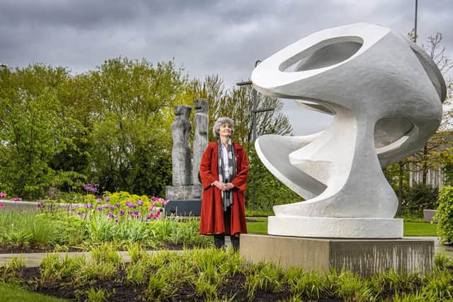 Sophie Bowness, Granddaughter of Barbara Hepworth looks at the new installations, Turning Forms with Contrapuntal Forms behind her at The Hepworth in Wakefield. Picture: Tony Johnson