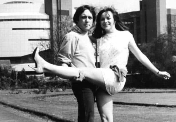British duo Bardo outside the ''Harrogate Conference Centre in 1982.