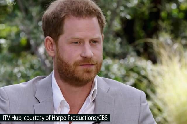 creen grab photo supplied by ITV Hub courtesy of Harpo Productions/CBS showing the Duke of Sussex during his interview with Oprah Winfrey.