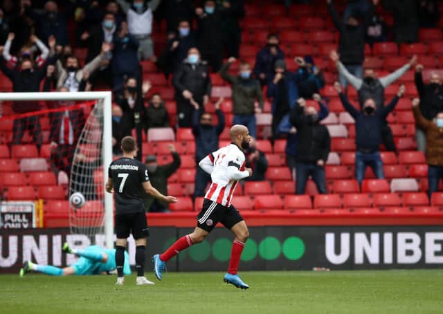 Sheffield United's David McGoldrick celebrates after scoring. Pictures: PA