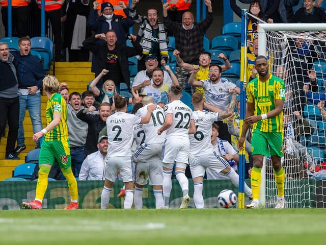 Rodrigo scores Leeds United's opening goal in front of the Elland Road supporters.  Picture Bruce Rollinson