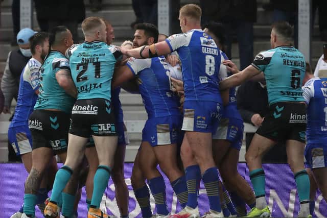 Bust up: Tempers flare between the Hull and Leeds players during the derby at Headingley. Picture: Richard Sellers/PA