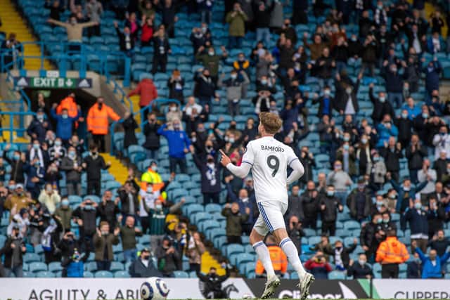 Patrick Bamford turns to celebrate scoring Leeds's third goal from the spot.  Picture Bruce Rollinson