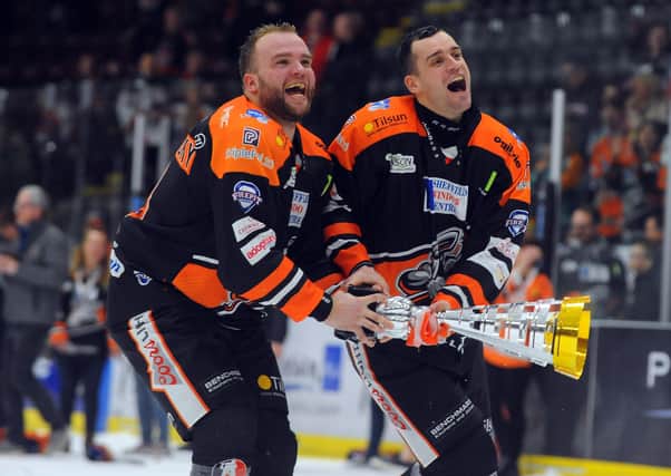 Marek Troncinsky, left, pictured celebrating Sheffield Steelers' Challenge Cup win with team-mate Tanner Eberle. Picture: Dave Williams.