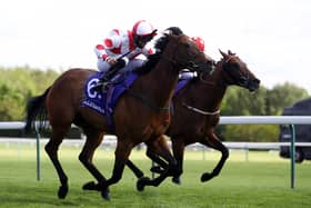 Liberty Beach ridden by jockey Jason Hart (near side) on their way to winning the Casumo Best Odds Guaranteed Temple Stakes at Haydock Park racecourse.